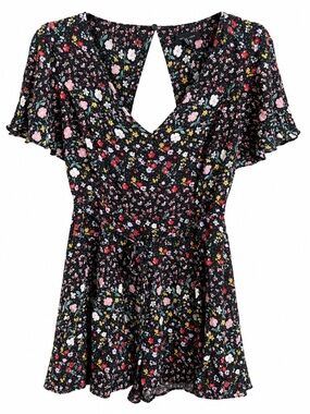 New Look Black Multi Floral Cutout Back Short Romper Size 6